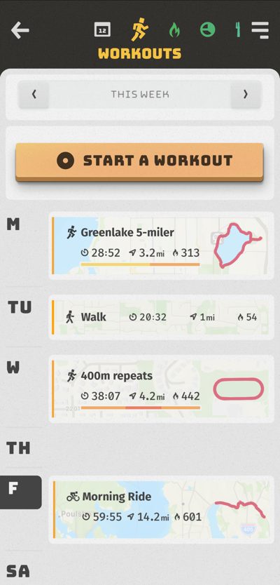 Buena Vida iPhone screen: Week of workouts