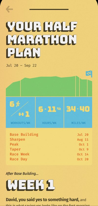 Buena Vida iPhone screen: Half marathon plan