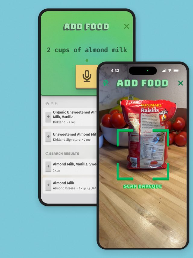 Buena Vida screenshot: Logging food by voice and by barcode scan