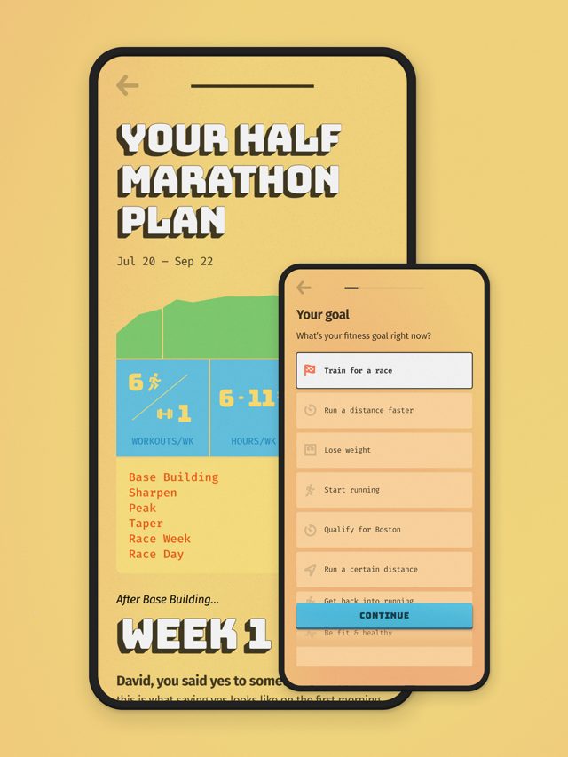 Buena Vida screenshot: A half marathon plan with phases, beside the goal picker
