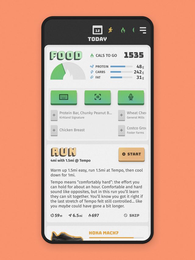 Buena Vida screenshot: Today screen: food totals and the day's run