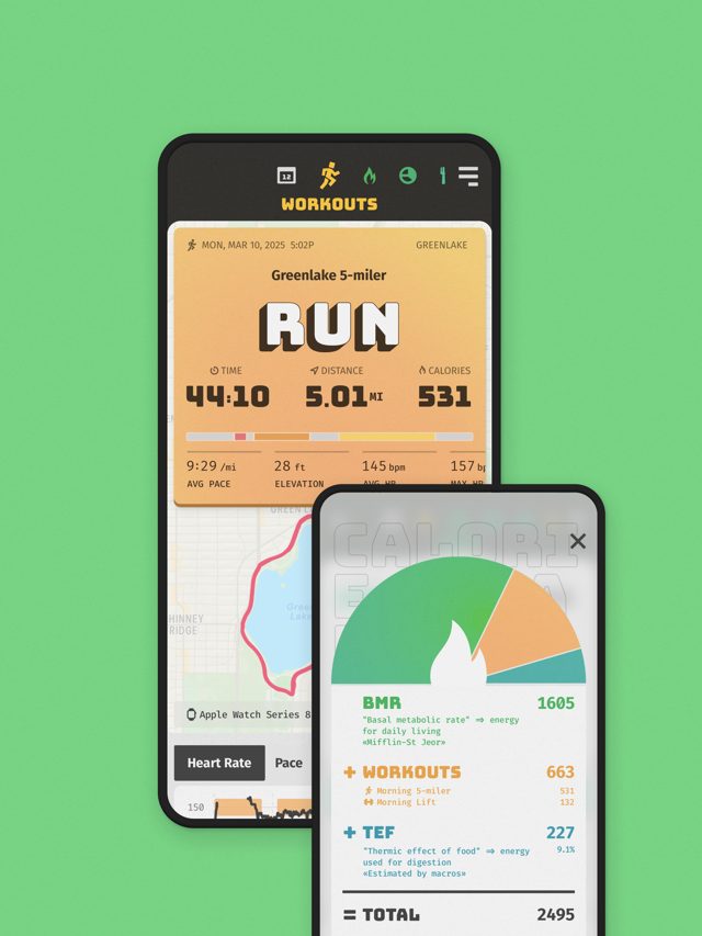 Buena Vida screenshot: A finished run with map and stats, beside the day's calorie budget