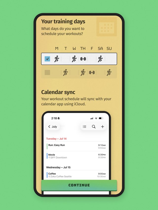 Buena Vida screenshot: Picking training days, with calendar sync