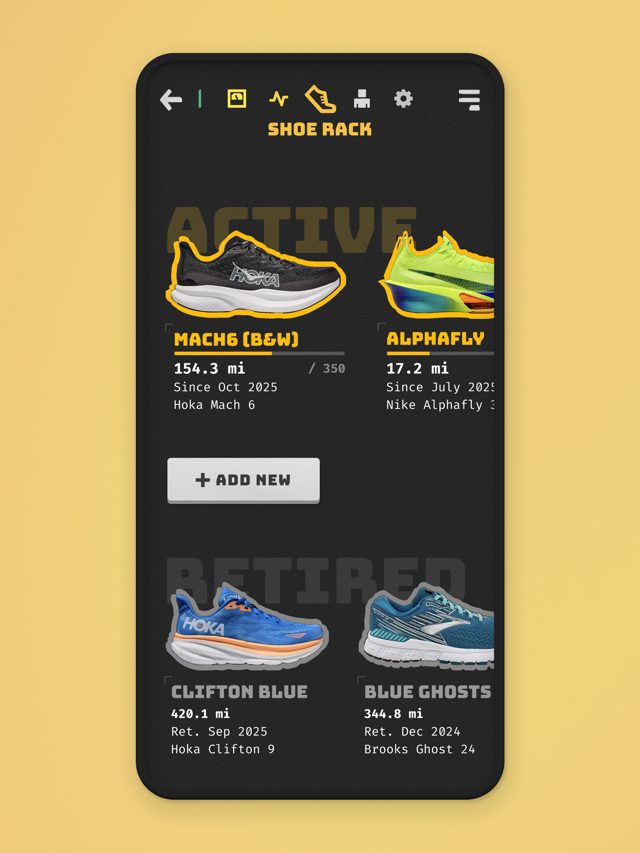 Buena Vida screenshot: Shoe Rack: mileage on active and retired shoes